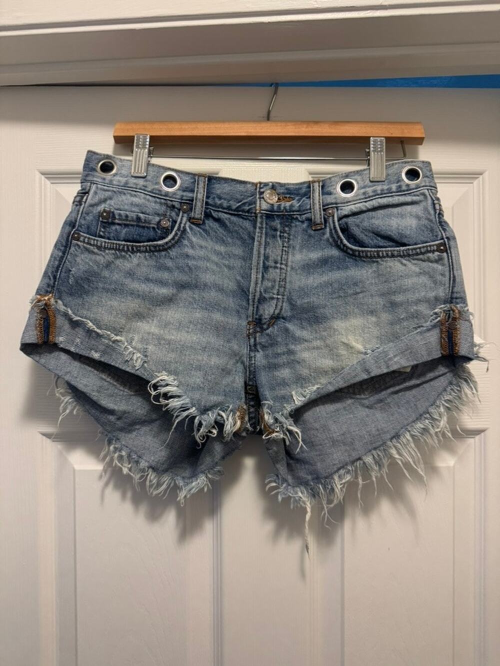 We The Free People Denim Cutoff Shorts Women's 26 Distressed Grommet Frayed